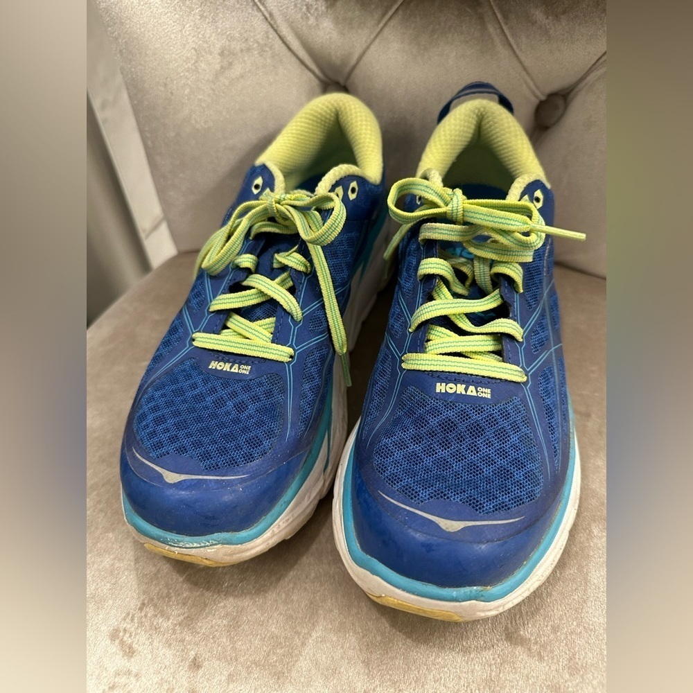Hoka One One CLIFTON 2 BLUE Neon Yellow Women’s 7.5 Jogging Running Comfort - Picture 2 of 5